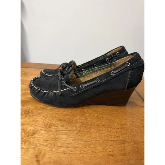 Vtg Y2K Eddie Bauer Women’s 9 Black Suede Wedge Heel Moccasins Loafers - Picture 3 of 7